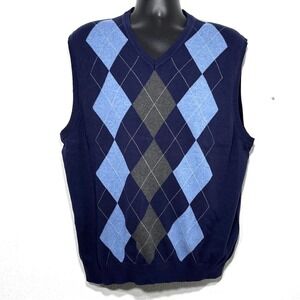 Mens XL Navy Blue Argyle V Neck Sleeveless Sweater Vest Dark Academia Preppy